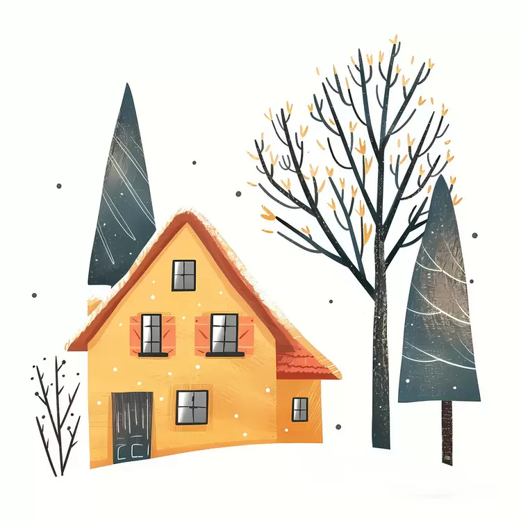Sunny Yellow House in a Winter Scene
