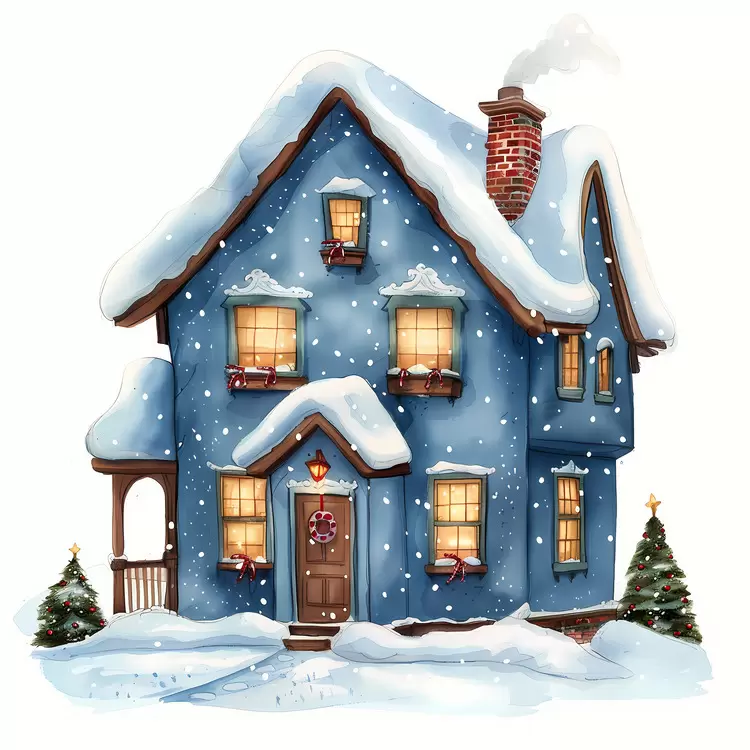 Blue Doodle House with Snow and Chimney