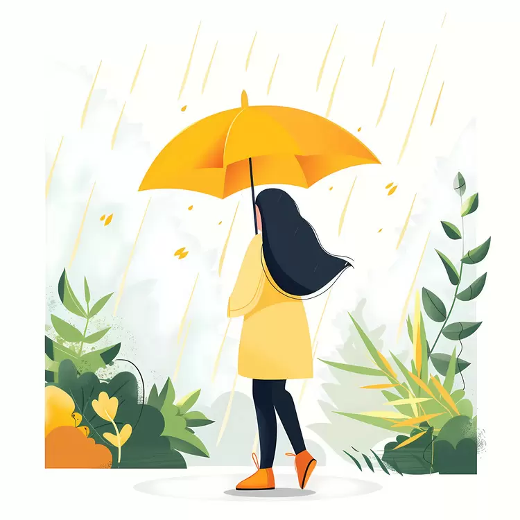 Girl with Yellow Umbrella in the Rain