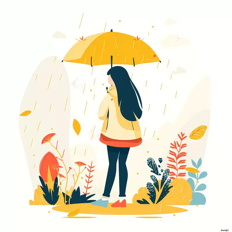 Girl with Yellow Umbrella in the Rain