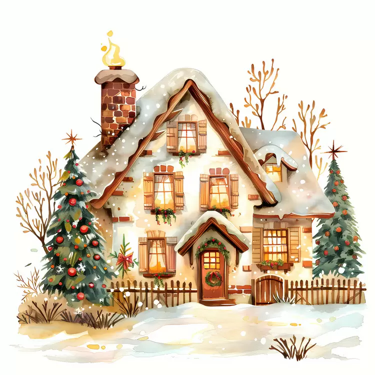 Cute Doodle House with Snow and Christmas Tree