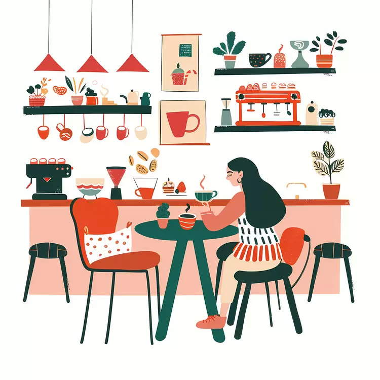 Woman Enjoying Coffee in a Cozy Cafe