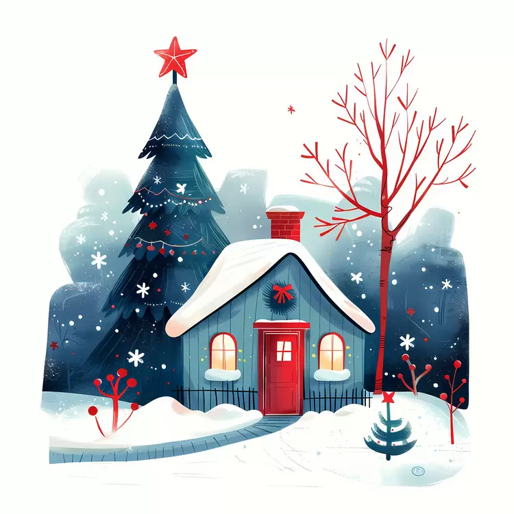 Festive Blue House in Winter