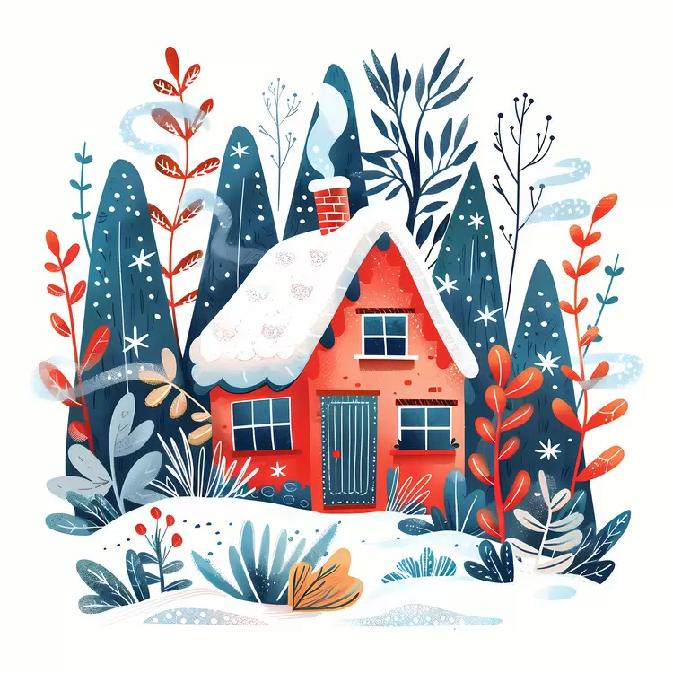 Charming Red House in a Winter Garden