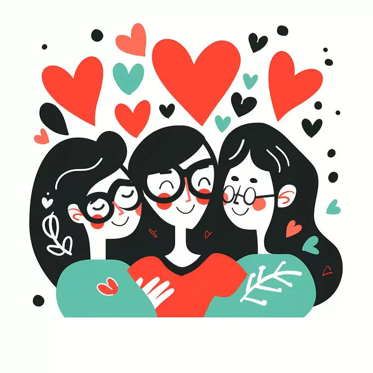 Affectionate Three Friends Surrounded by Hearts