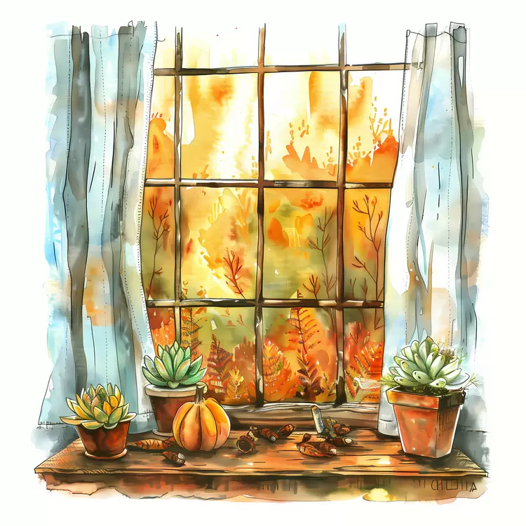 Autumn Window with Succulents and Pumpkin