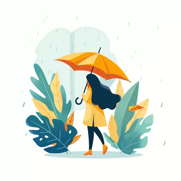 Girl with Yellow Umbrella Surrounded by Plants