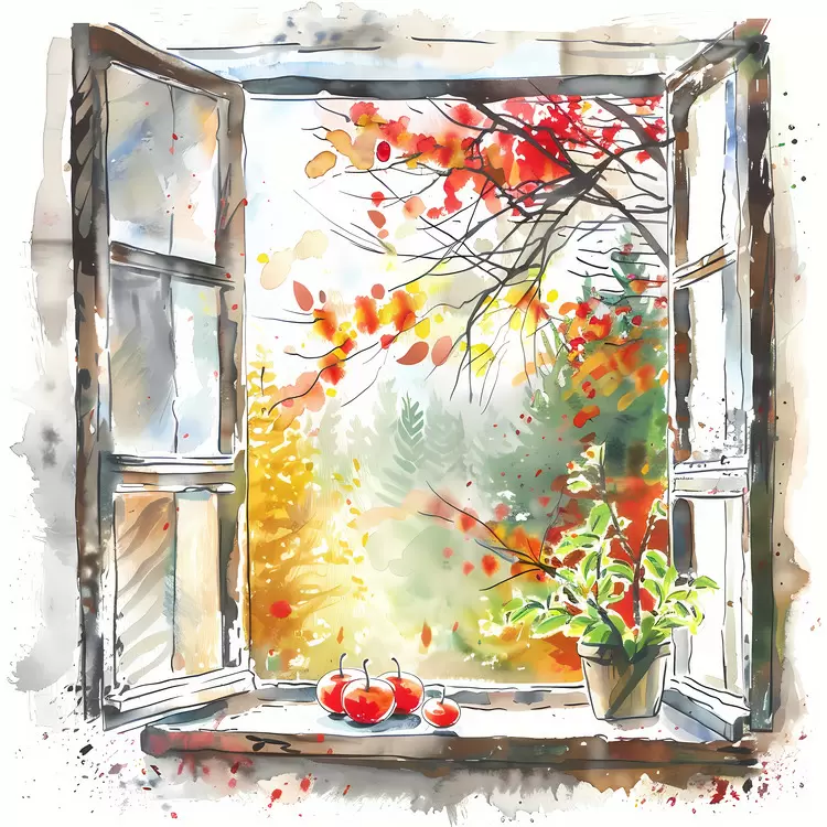 Inviting Window with Plants and Autumn View