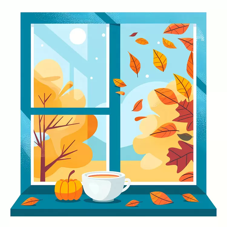 Cozy Window with Coffee and Autumn Leaves