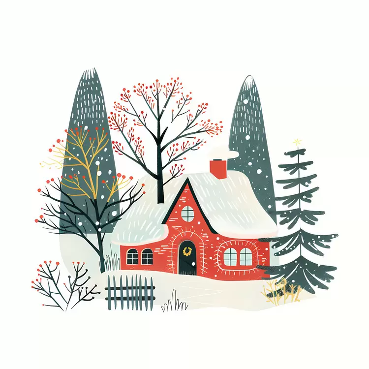 Charming Red House in Winter Landscape