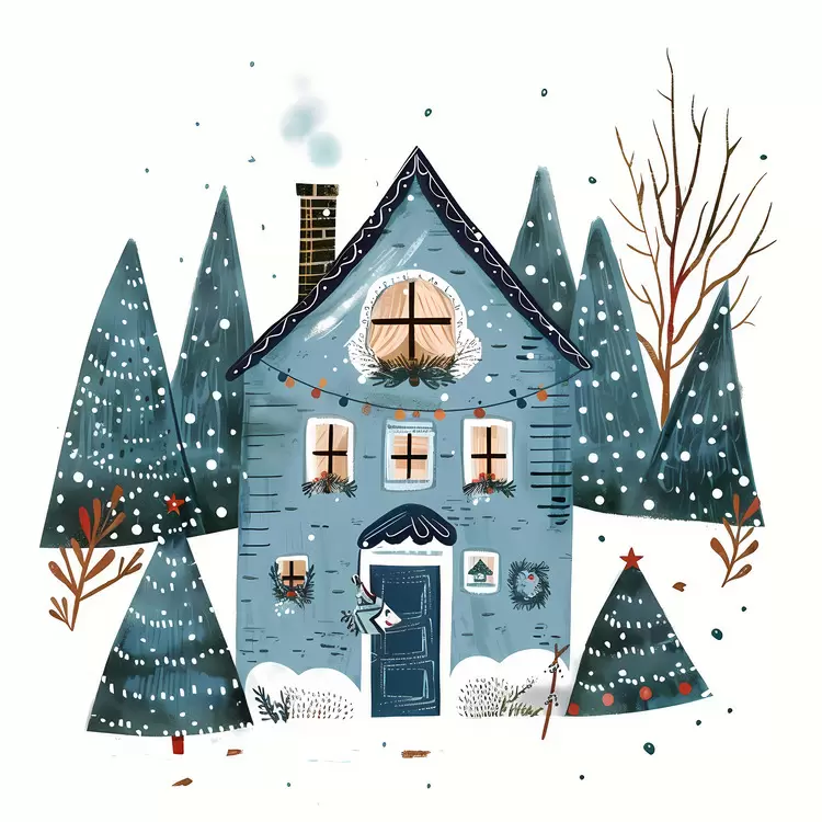 Decorated Blue House in Winter