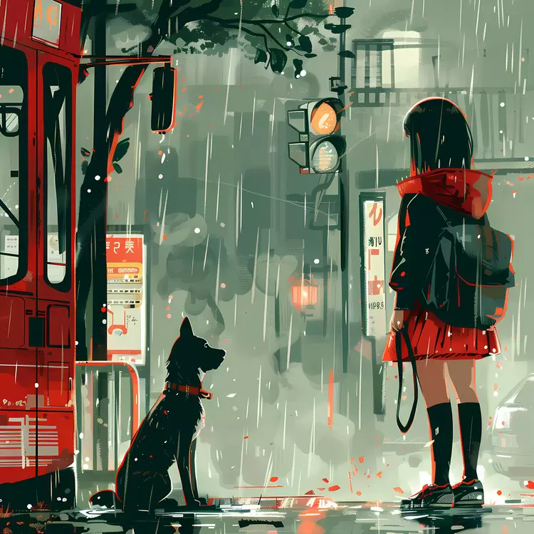 Girl and Dog by Bus in Rain