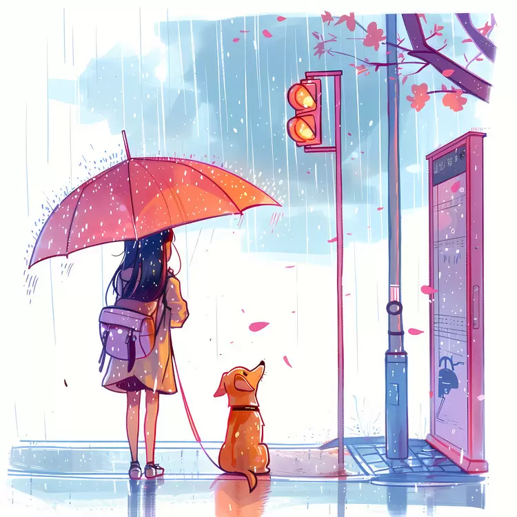 Girl and Dog at Bus Stop in Rain