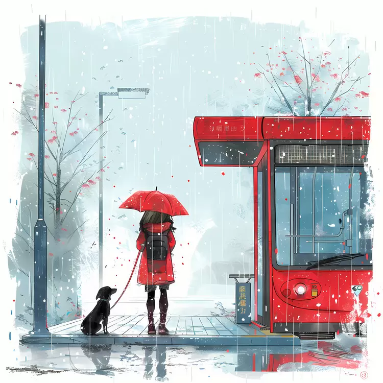 Girl and Dog at a Bus Stop in the Rain