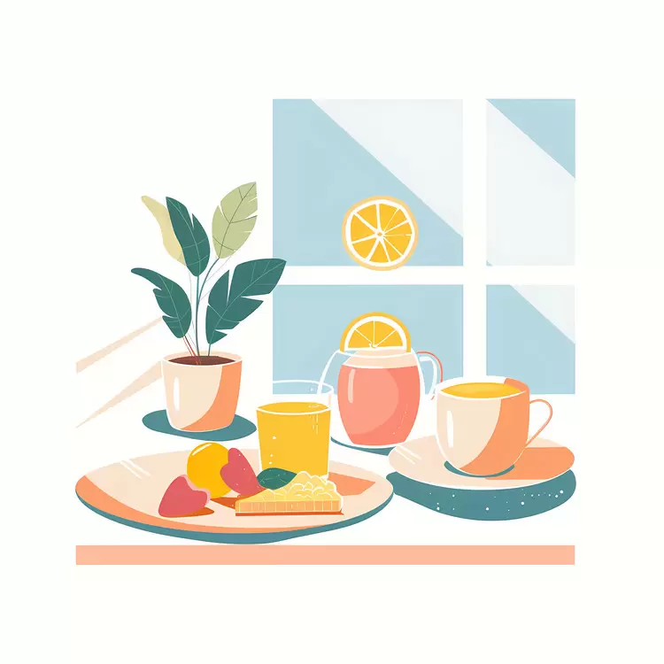 Charming Breakfast Scene with Fruits and Drinks