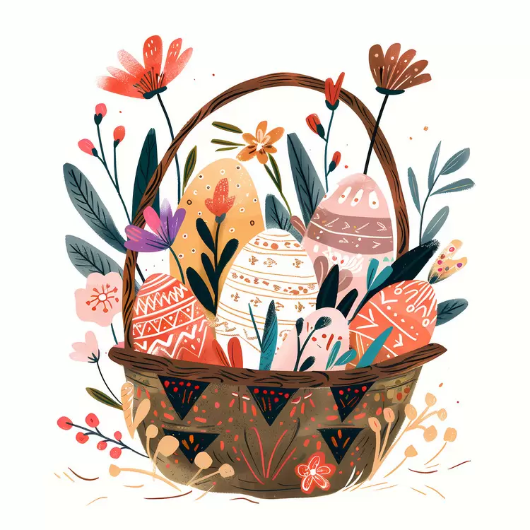 Easter Basket with Flowers and Decorated Eggs