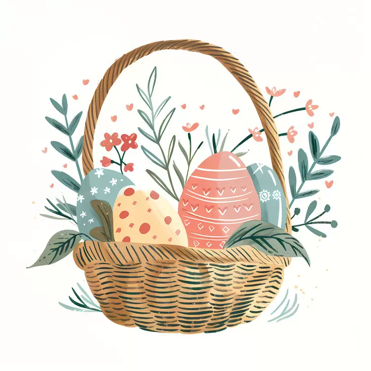 Easter Basket with Colorful Eggs and Flowers