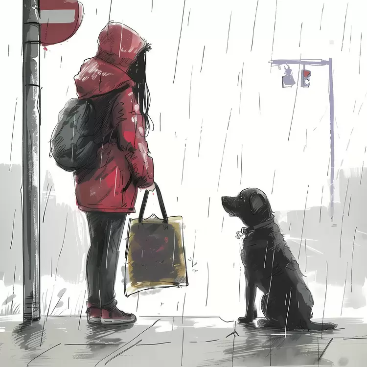 Girl in Red Jacket Waiting with Dog in Rain