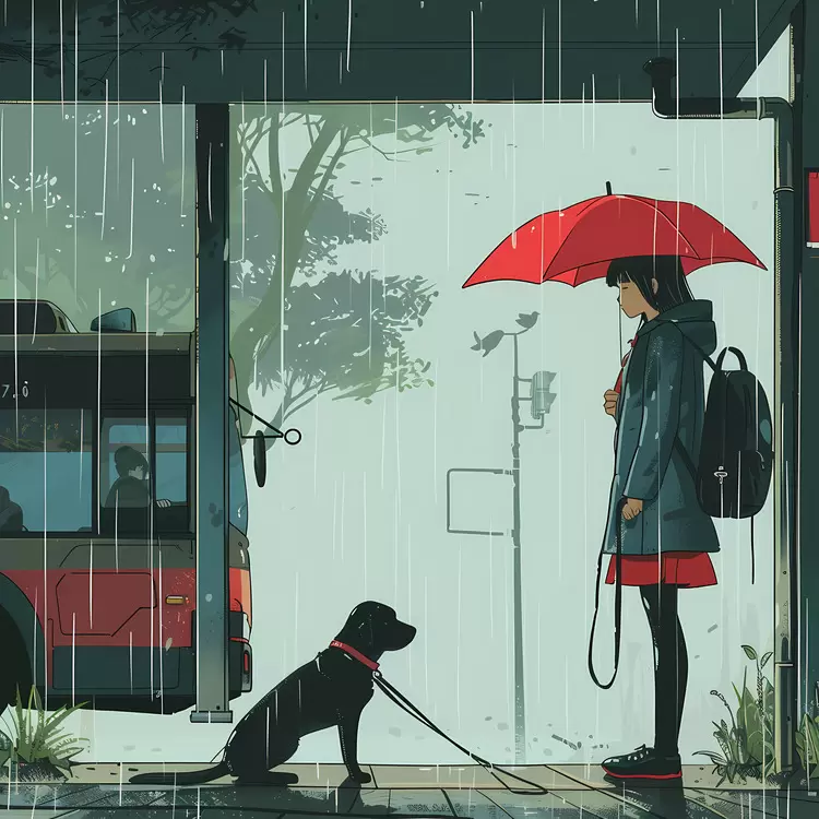 Girl and Dog Sheltering from the Rain