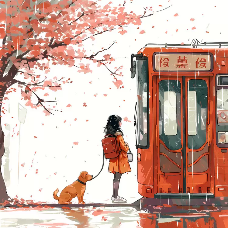 Girl and Dog by Bus in Autumn