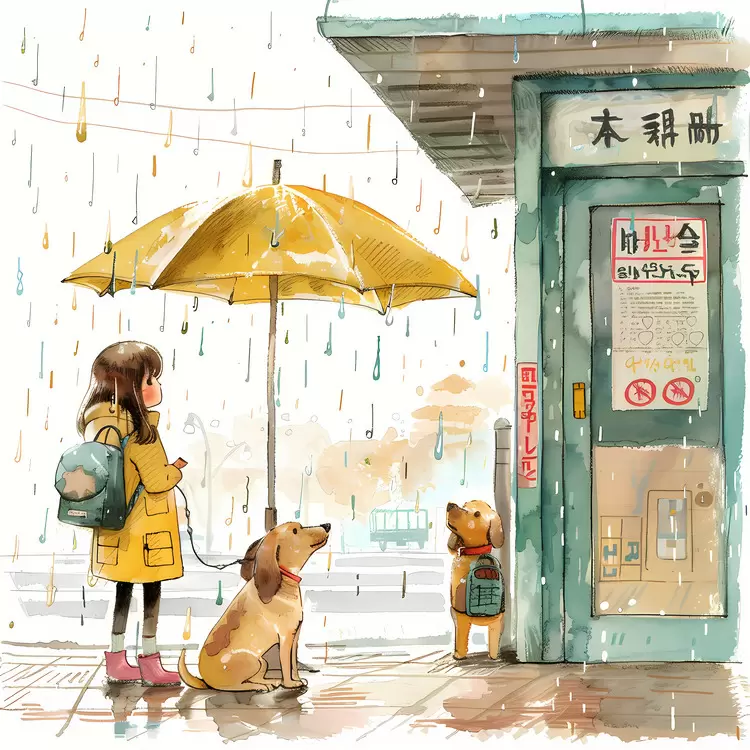 Girl with Yellow Umbrella and Dogs in Rain