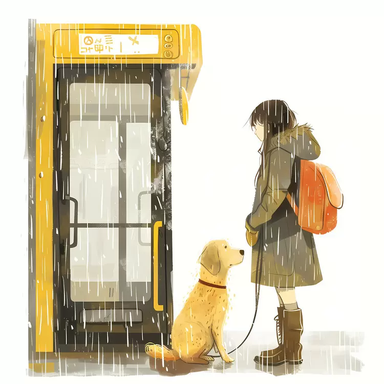 Girl and Dog Waiting at a Rainy Bus Stop