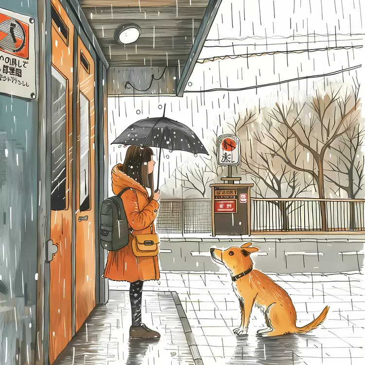 Girl Waiting at Bus Stop with Dog in Rain