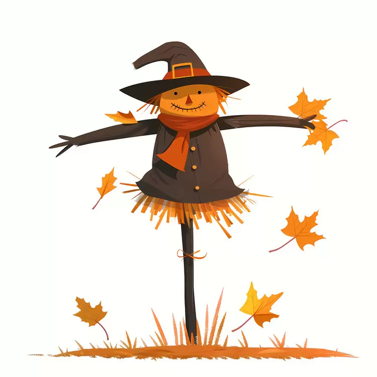 Cheerful Scarecrow Surrounded by Autumn Leaves