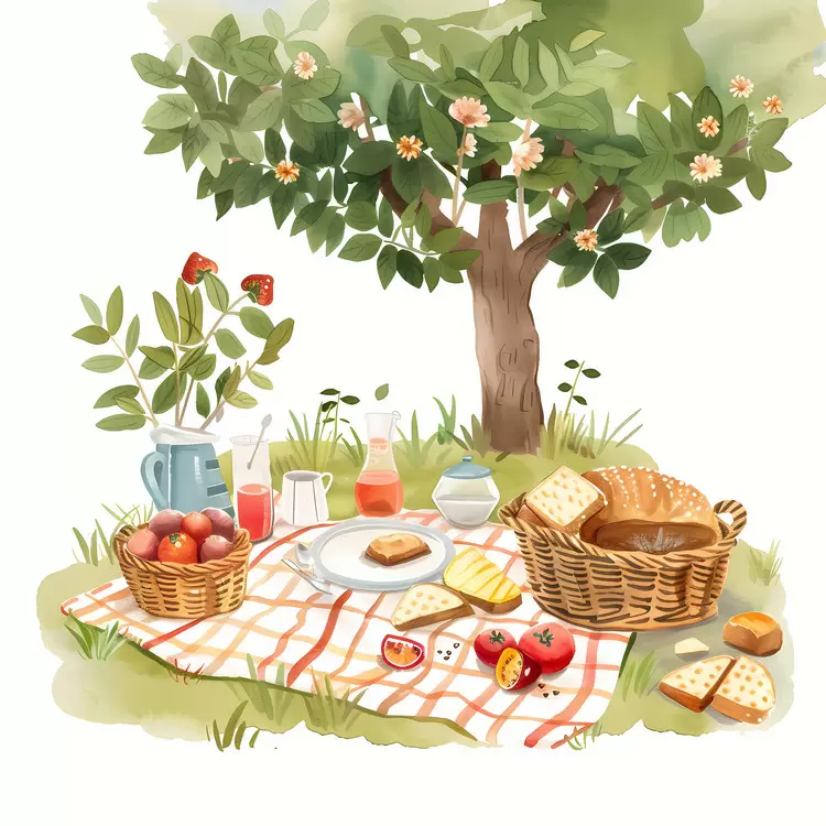 Picnic under Tree with Basket and Blanket