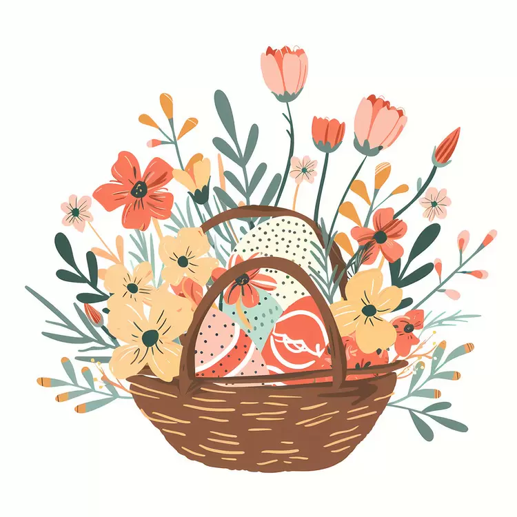 Easter Basket Filled with Flowers and Eggs