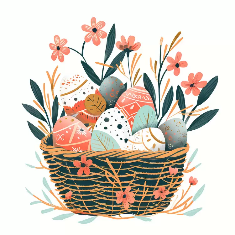 Colorful Easter Eggs in a Floral Basket
