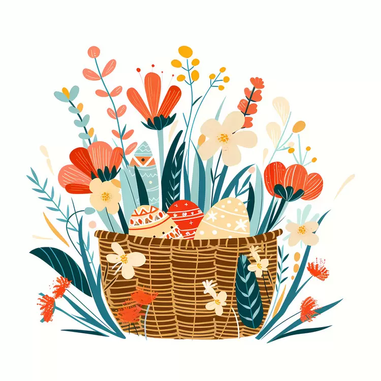 Decorative Easter Basket with Eggs and Flowers