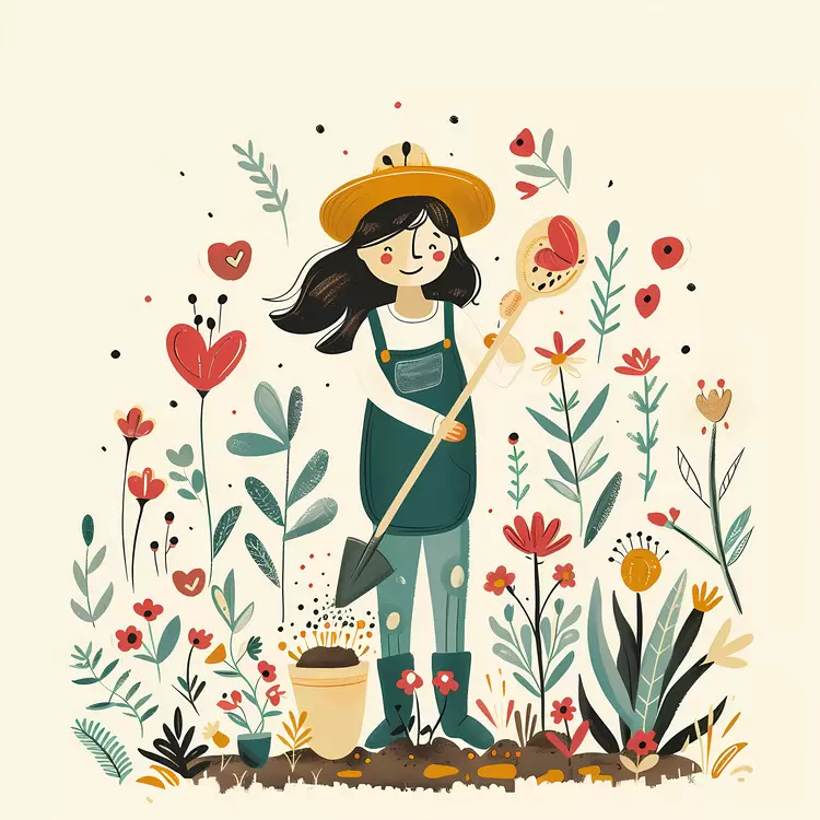 Gardener with Shovel in Flower Garden