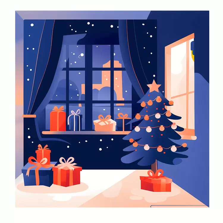 Snowy Christmas Room with Tree and Gifts