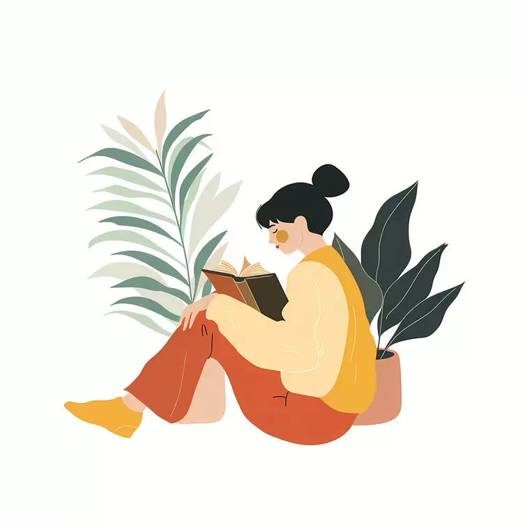 Girl Reading Surrounded by Plants