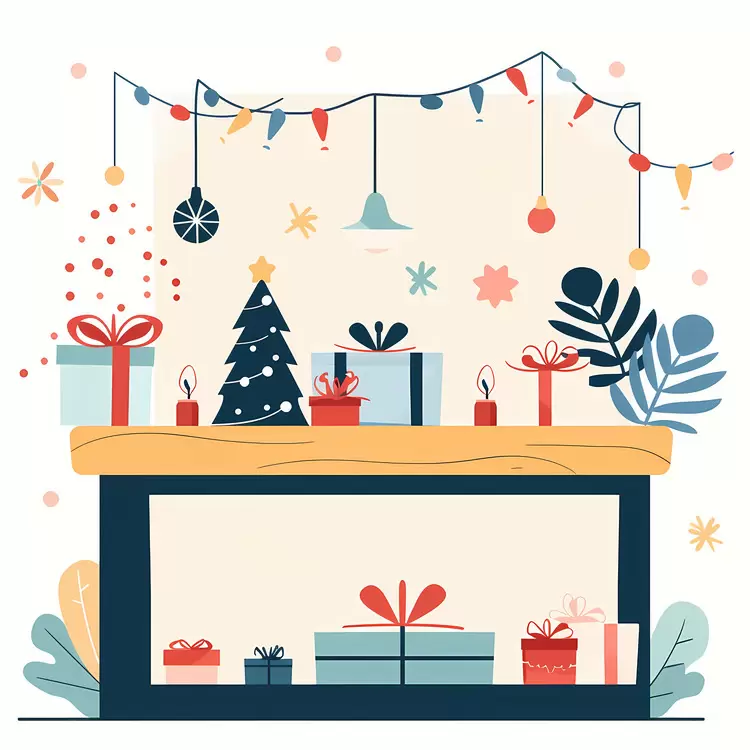 Decorated Christmas Shelf with Gifts and Candles