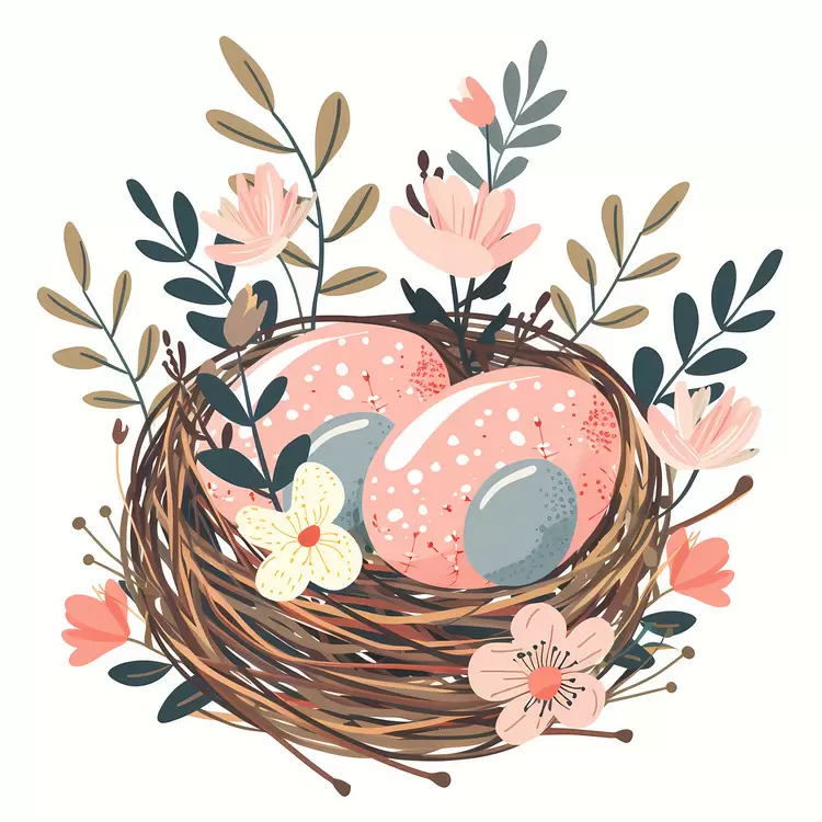 Pink and Blue Eggs in Nest