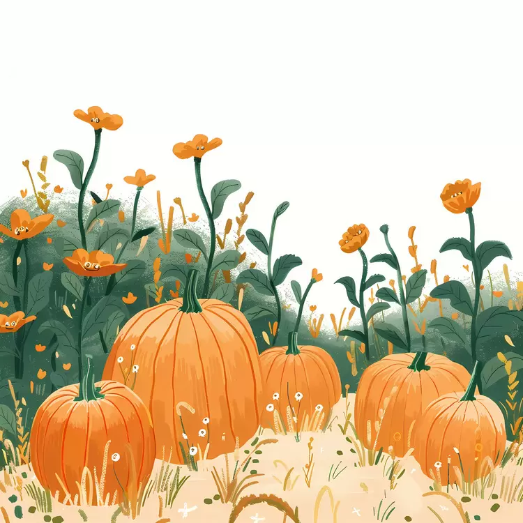 Pumpkins with Flowers in a Field