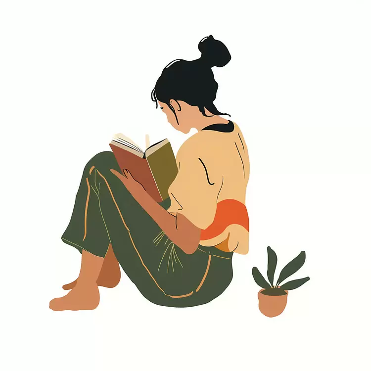 Girl Reading Indoors with Plants