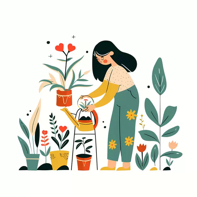 Woman Watering Plants in Garden