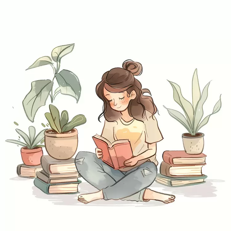 Girl Enjoying a Book Among Plants