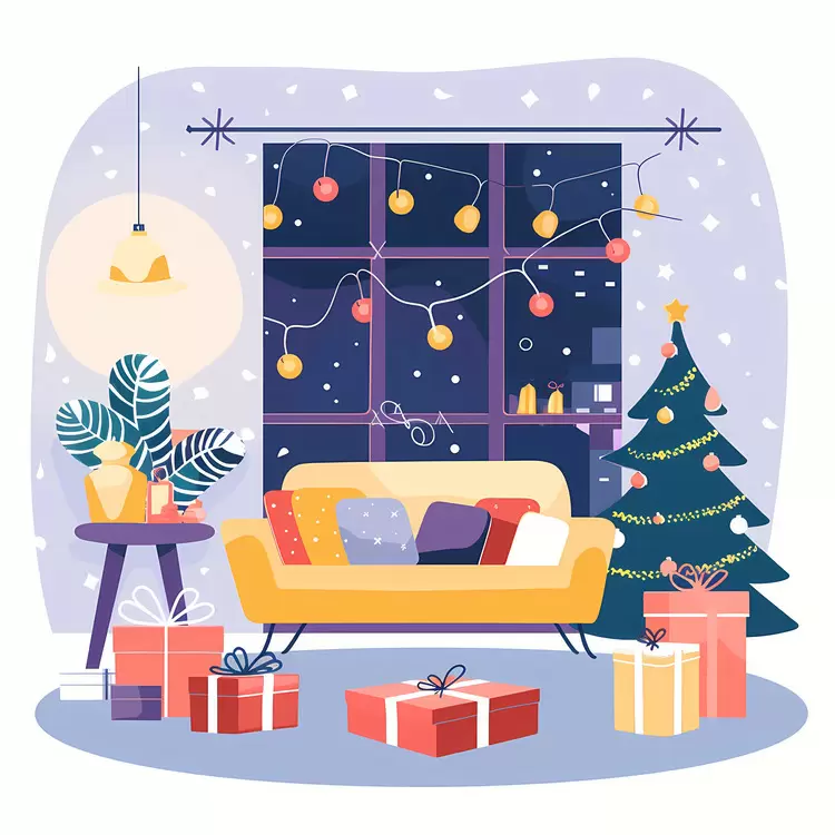 Cozy Christmas Living Room with Gifts and Decorations
