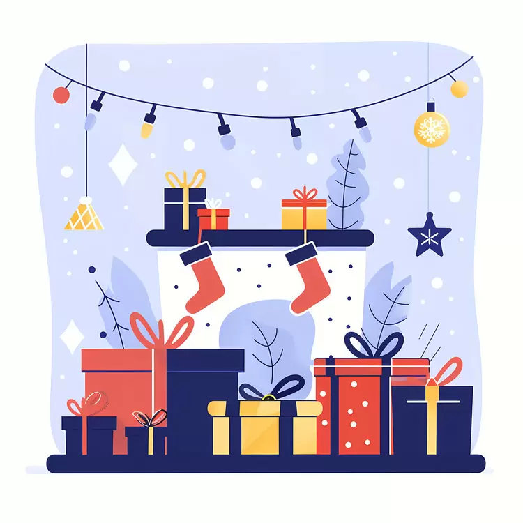 Christmas Fireplace with Gifts and Stockings