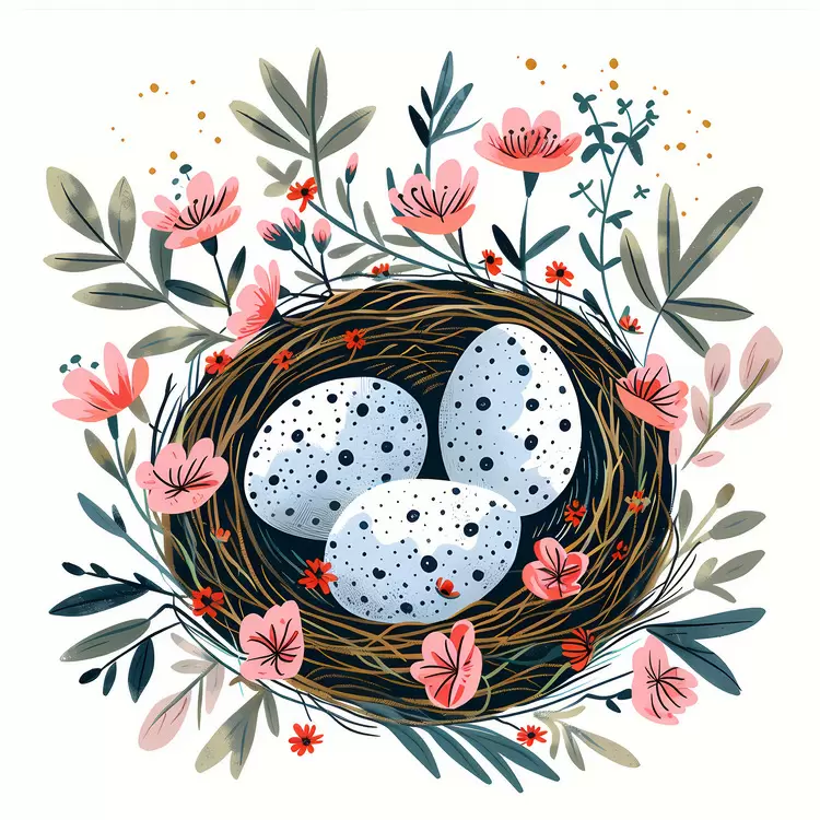 Nest with Speckled Eggs and Flowers