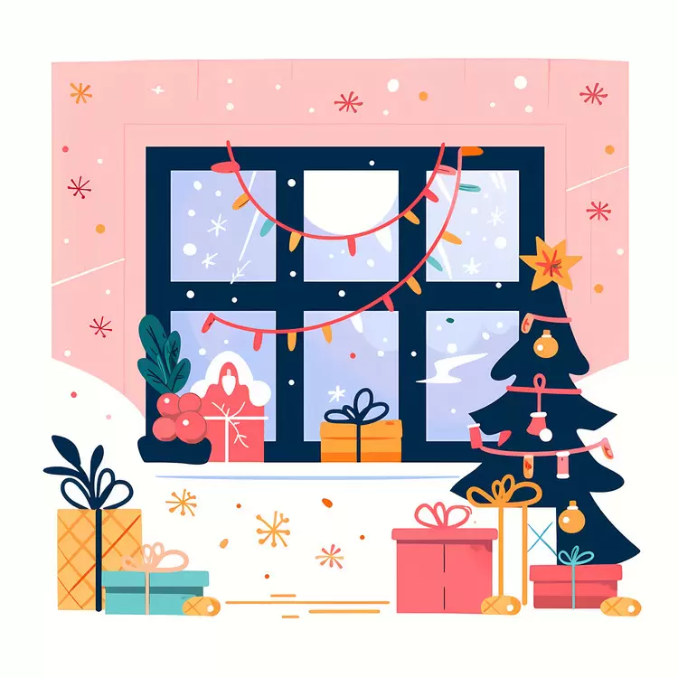 Festive Christmas Window with Tree and Gifts