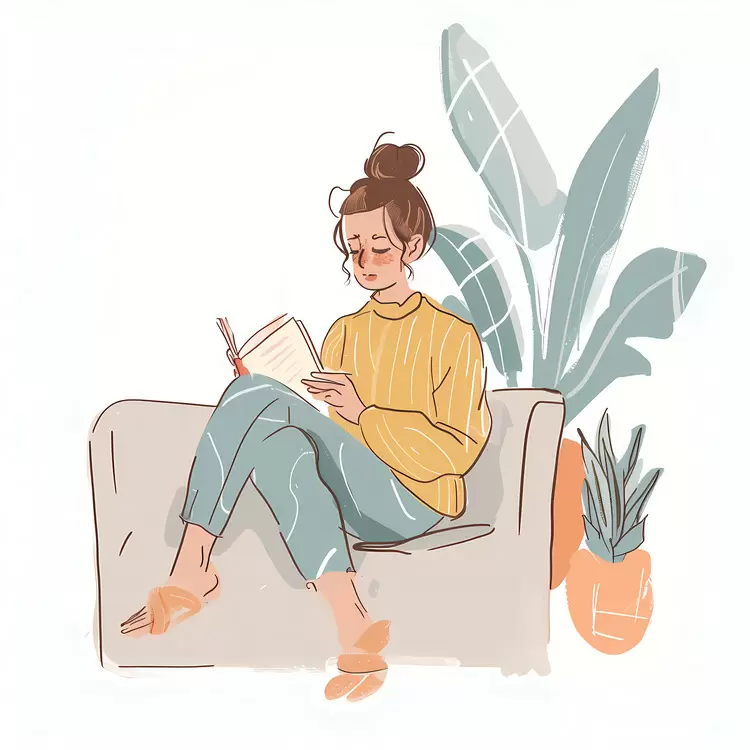 Girl Reading on a Couch Surrounded by Plants