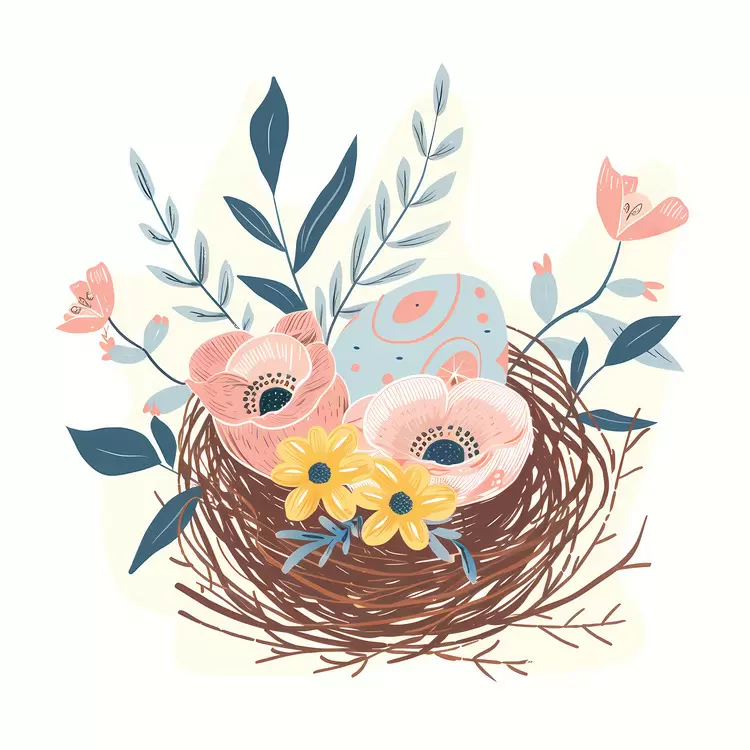 Colorful Nest with Flowers and Easter Egg