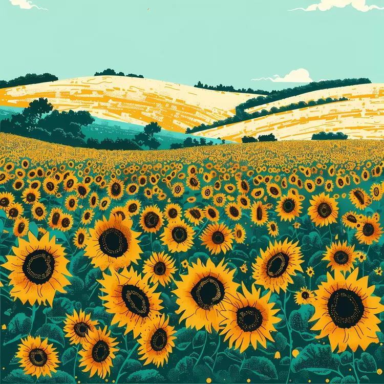 Lush Sunflower Field with Green Hills