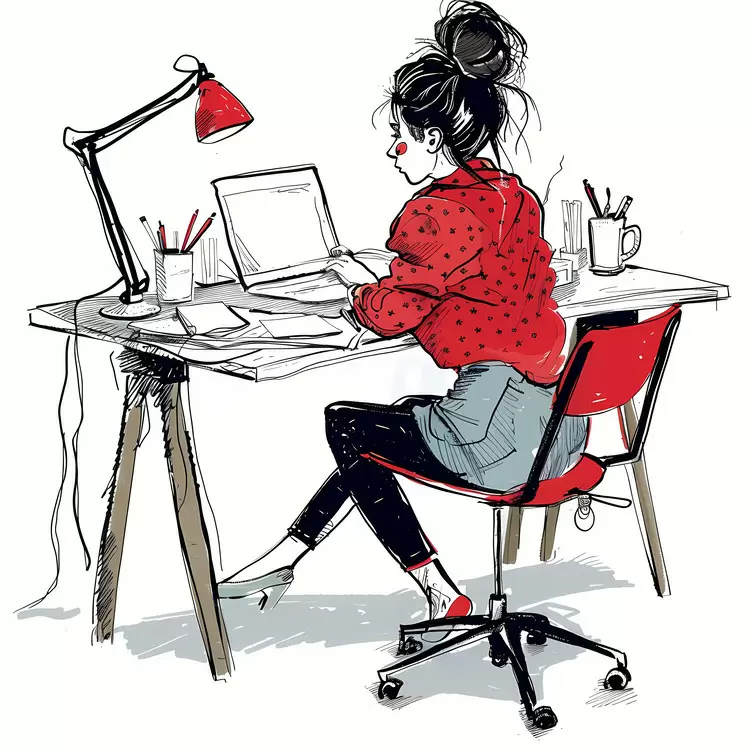 Woman Working on Laptop in Red Sweater