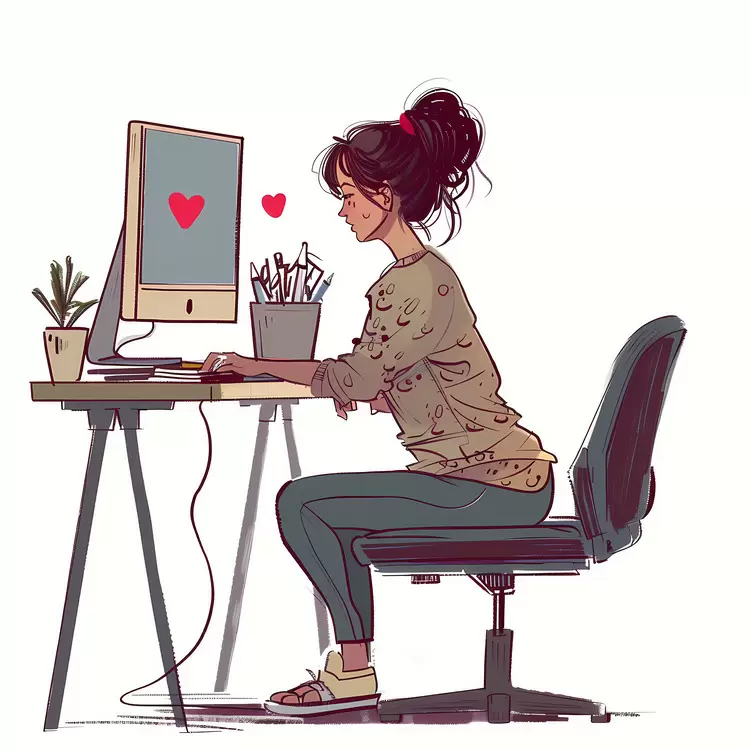 Girl Concentrating at Computer in Cozy Workspace